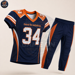 Private Label Navy Blue & Orange Custom American Football Game Uniform OEM ODM High Quality Jersey With Padded Football Pants - Product Image 2