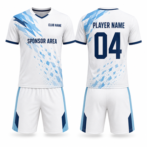 ชุดเสื้อฟุตบอลแบบสั่งทำพร้อมตราสัญลักษณ์ทอเอง ผ้าโพลีเอสเตอร์แห้งเร็วแบบตาข่าย คอเสื้อและปลายแขนเสื้อแบบตัดกัน ขายส่ง OEM รับผลิตตามแบบส่วนตัว - Product Image 5