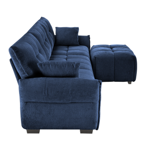 Set Divano a Tre Posti in Legno Massello con Pouf e Cuscini in Ciniglia Testurizzata ad Alta Resilienza per Soggiorno - Product Image 5