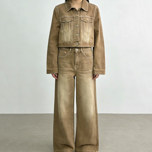 Conjunto de Dos Piezas OEM Personalizado para Mujer: Chaqueta Vaquera Vintage Lavada y Jeans de Pierna Recta - Product Image 6