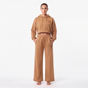 Conjunto de Ropa Deportiva para Mujer, Top Corto de Manga Larga con Hombros Caídos y Pantalones Anchos de Felpa de Algodón, Color Sólido Personalizado - Product Image 5