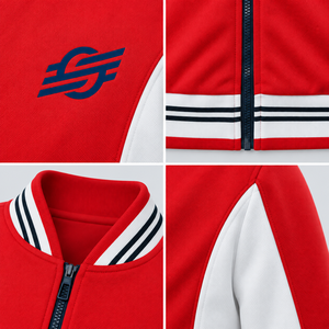 Veste universitaire rouge et blanche pour homme, fermeture éclair sur le devant, logo brodé, style sportif, coupe classique, col rabattu, vêtement d'extérieur en polaire - Product Image 5