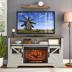Centro de entretenimiento de chimenea eléctrica de 60 pulgadas con sensor de puerta Soporte de TV blanco jazmín - Product Image 1