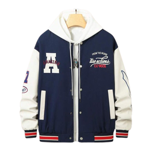 Navy College Baseball <b>Jacket</b> for Men Custom Hooded Varsity Outerwear <b>Fleece</b> <b>Lined</b> Embroidered Streetwear Winter Fashion OEM ODM - Product Image 1