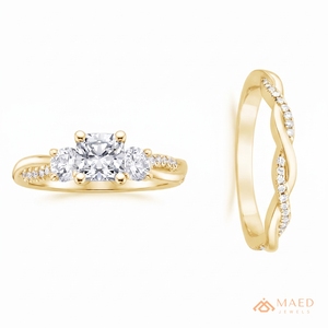 Paire d'alliances de mariage et de fiançailles en moissanite taille coussin, ton or, avec accents de diamants, tige torsadée et pavé, bijoux de demande en mariage - Product Image 1