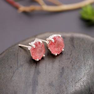 Boucles d'oreilles clous hexagonales en quartz fraise naturel, argent sterling 925, certifiées IGI, faites à la main, vintage, pierres précieuses, pour anniversaire et fête - Product Image 5