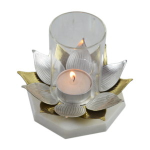 Porte-bougie Lotus avec base en marbre, thème argenté, design créatif pour salon, table à manger, décoration de bougies, porte-bougies - Product Image 4