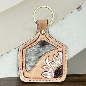 New Manufacturer Tooled <b>Leather</b> Cowhide <b>Keychain</b> White Sunflower Western Key Fob Rustic Floral Car Key Holder Gift for Unisex - Product Image 5