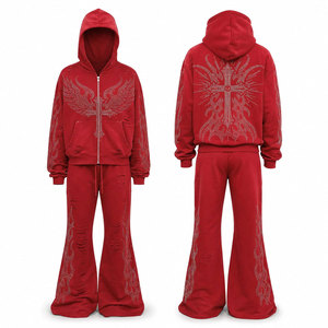 Conjunto de Sudadera con Capucha y Pantalones Unisex con Cruz de Pedrería Roja, Chándal Urbano con Cremallera Completa, Ajuste Holgado, Ropa de Invierno para Hombre - Product Image 1