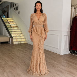open lace back dress Charming Red One-Shoulder Sequined Long Sleeves Ruffle Panel Train Evening Dresses with Slit main image 0