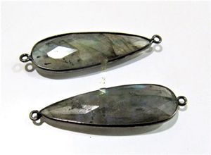 Connecteurs Briolette en Labradorite Naturelle Forme Poire Longue 10x28 à 12x30mm Pierre Grise Double Boucle Sertie - Product Image 5
