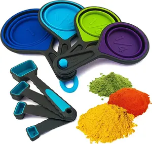 Messloffel tazas medidoras de silicone, 8 peças coloridas empilháveis, ferramenta de medição dobrável, de silicone, conjunto de copos e colheres