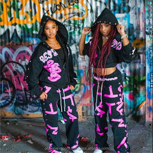 Chándal de felpa francesa con logotipo personalizado, conjunto de dos piezas con estampado DTG de 400GSM y 100 algodón, Sudadera con capucha y cremallera plateada, conjunto rosa de pierna recta para mujer - Product Image 2