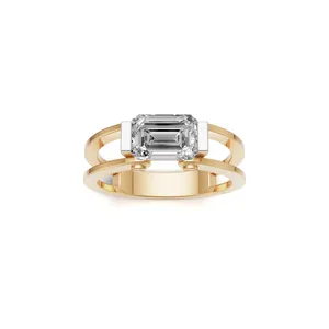 Axelar East West Open Double Band <b>Ring</b> in Emerald Cut <b>Diamond</b> <b>Ring</b> Yellow Gold <b>Ring</b> with 1 Pieces of <b>Diamond</b> Stone - Product Image 1