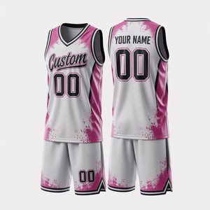 ชุดยูนิฟอร์มบาสเก็ตบอลแบบกำหนดเอง OEM ODM พิมพ์ลายแบบ Sublimation สีชมพูขาว สำหรับผู้ใหญ่ แบบไม่มีแขน แห้งเร็ว คอวี เสื้อทีม กางเกงขาสั้น - Product Image 1