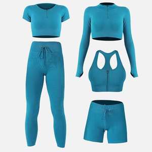 Conjunto Deportivo de Cinco Piezas para Mujer, Color Naranja, Top Corto Elástico, Top de Manga Larga, Sujetador Deportivo, Pantalones Cortos y Leggings Ajustados - Product Image 5