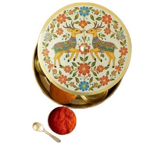 Elegant Parrot Printed Design <b>Metal</b> Brass Masala Dabba Spice <b>Box</b> with Floral Engraved Lid Handmade Kitchen Storage Container - Product Image 5