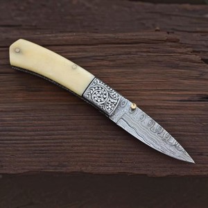 Premium Handmade Damascus Steel Folding <b>Knife</b> with Natural <b>Bone</b> <b>Handle</b> Outdoor Pocket <b>Knife</b> - Product Image 1