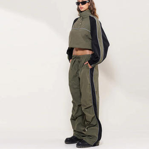 Women's Olive Green 2 Piece Set <b>Turtleneck</b> <b>Crop</b> <b>Top</b> Wide Leg Pants Casual Loose Fit Breathable Knitted Fabric women set's - Product Image 5