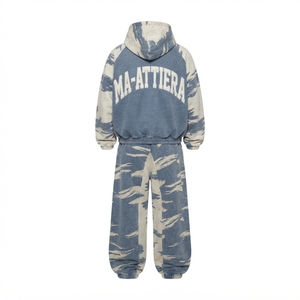 Ensemble survêtement homme marron beige camouflage à capuche zippé coupe ample manches contrastantes streetwear personnalisé OEM ODM vente en gros - Product Image 3
