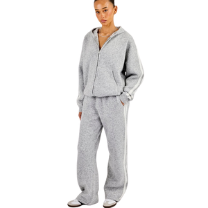 Women's Full Zip Hooded Tracksuit Set Relaxed Sleeve Top <b>Cuffed</b> <b>Jogger</b> Trousers Elastic Drawstring Waist Two Piece Casual Outfit - Product Image 1