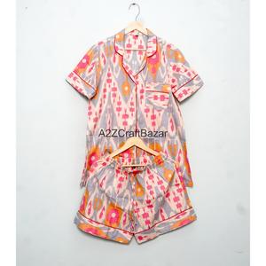 Conjunto de Pijama de Verano, 100% Algodón Puro, de Alta Calidad, Elegante y Clásico, con Estampado a Mano, Pantalones Cortos Tipo Canguro, con Bolsillos, Suave - Product Image 1