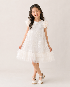 ชุดเดรสลูกไม้ลายดอกไม้ทรงเอสำหรับเด็กผู้หญิงพร้อมแขนพองและชายกระโปรงผ้าทูลหลายชั้นสไตล์หวานความยาวระดับเข่าคอโอสำหรับใส่ในฤดูใบไม้ผลิ - Product Image 1