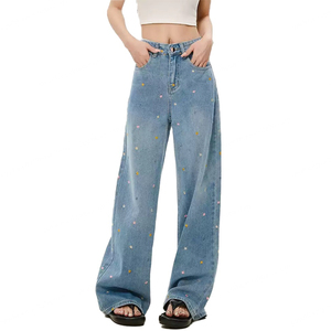 Wholesale Blue Denim for Women Cotton High Quality Washed Vintage Baggy Embroidered <b>Pants</b> Women's Jeans - Product Image 3