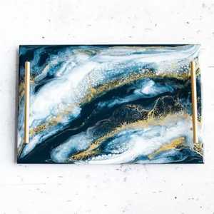 Luxury Peach and Gold Resin Serving Tray Set with 6 <b>Coasters</b> Geode Style <b>Agate</b> Platter with Golden Leaf Design Handles - Product Image 3