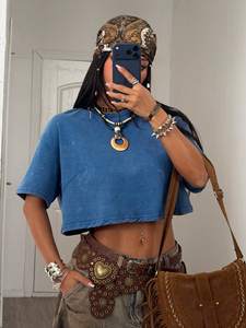 Trendy Crop <b>Top</b> Vintage Washed Crew Neck Short Sleeve Casual T-Shirt 100% Cotton Blouse Round neck Tee Streetwear Summer <b>Top</b> - Product Image 4