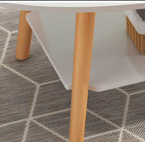 Table basse vintage en cuir, ovale, en chêne clair, minimaliste, à deux niveaux, avec étagère de rangement et pieds en bois évasés, moderne - Product Image 5