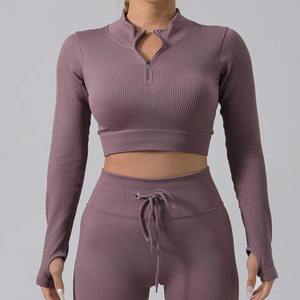 Débardeur court respirant à taille haute et coupe régulière pour femmes grandes tailles, avec manches longues élastiques, idéal pour le sport et le yoga – Vente en gros personnalisée - Product Image 3