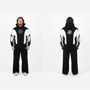 ชุดเซ็ตสตรีทแวร์ 2 ชิ้น เสื้อฮู้ดดี้ผ้าฟลีซหนา 400gsm สีดำขาวตัดกันลายเปลวไฟ และกางเกงจ็อกเกอร์ทรงหลวมสำหรับผู้ชาย - Product Image 5