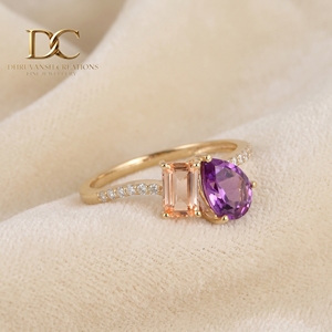 Bague en or massif 14 carats avec diamant de laboratoire, morganite et alexandrite de laboratoire, bijoux de luxe pour femmes, certifiés IGI - Product Image 3