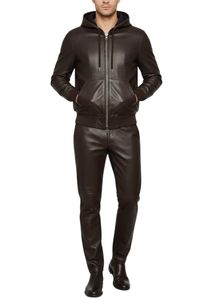 Men's Premium Dark Chocolate Brown Genuine Leather Hooded <b>Tracksuit</b> Set with Full-Zip Hoodie Jacket and Tailored Slim-Fit Jogger - Product Image 4