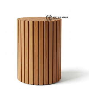 <b>Round</b> Fluted Solid Wood Side Table Modern Ribbed Cylinder End Table in Natural Finish Minimalist Scandinavian Accent Table - Product Image 1
