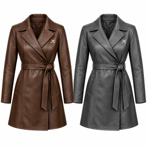Abrigo Largo de Cuero Genuino para Mujer |   Gris Negro Marrón |   Fabricante OEM ODM |   Diseño de Alta Calidad - Product Image 5