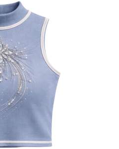 Débardeur côtelé bleu clair personnalisé pour femme avec motif floral en strass, sans manches, été, fabrication sur mesure - Product Image 3