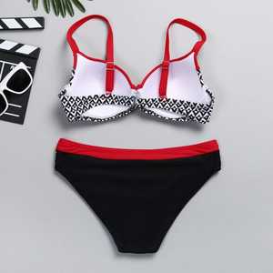 Women Geometric Print <b>Bikini</b> <b>Set</b> Push Up Top Hipster Bottom Contrast Binding Red Black <b>White</b> Stretch Swimwear - Product Image 2