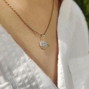 Round Shape Saturn Diamond <b>Pendant</b> with Round Cut Diamond Pave in <b>Solid</b> Yellow <b>Gold</b> Celestial Ring Necklace Modern Fine Jewelry - Product Image 3