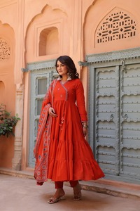 Stylish <b>Womens</b> Orange Cotton Pintex Embroidered Anarkali Set with Tiered <b>Kurta</b> Straight Pants and Floral Printed Dupatta - Product Image 2