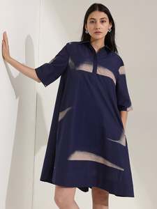 Robe midi à col polo, coupe ample, manches trois quarts, imprimé dégradé contrastant, coton tissé, décontractée, pour tous les jours, femme - Product Image 1