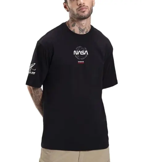 100% pamuk yuvarlak boyun kısa kollu Streetwear moda siyah grafik NASA baskılı pamuk boy erkek t-shirtü