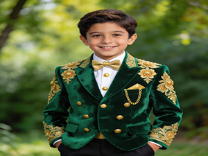 Kids Green <b>Velvet</b> Double Breasted Suit with Gold Embroidery | Boys Wedding & Party Formal Suit Set - Product Image 1