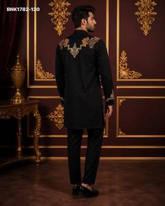 Latest Designer Fancy with Viscose Multi-Thread work & Half-Placket Chain Short Black <b>Kurta</b>-Pant Set Supplier from Surat - Product Image 5