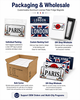 Aimant de réfrigérateur personnalisé en aluminium pour plaque d'immatriculation, aimant souvenir touristique en métal, vente en gros pour décoration de boutique de cadeaux