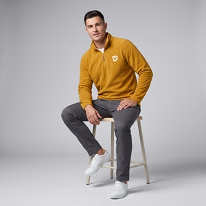 Dumela Men's Mustard Fleece <b>Quarter</b> <b>Zip</b> Pullover With <b>White</b> Logo Front Print Regular Fit Casual Autumn Wear - Product Image 6
