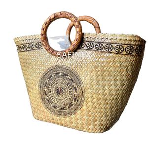 Bolso Tote de Paja con Diseño Geométrico Hecho a Mano, Forma de Almohada, Flores, Dos Asas, Parte Superior Abierta, Ecológico, Duradero, Portátil, Lavable a Mano - Product Image 4