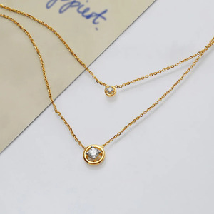 Minimal Double Layer Diamond <b>Necklace</b> with Twin Floating Round Sparkle Accents and <b>Delicate</b> Chain Design - Product Image 1