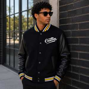 Veste universitaire noire pour homme, manches en laine/viscose, logo brodé personnalisé, col rabattu, vêtement d'hiver décontracté, chauffant et coupe-vent - Product Image 1
